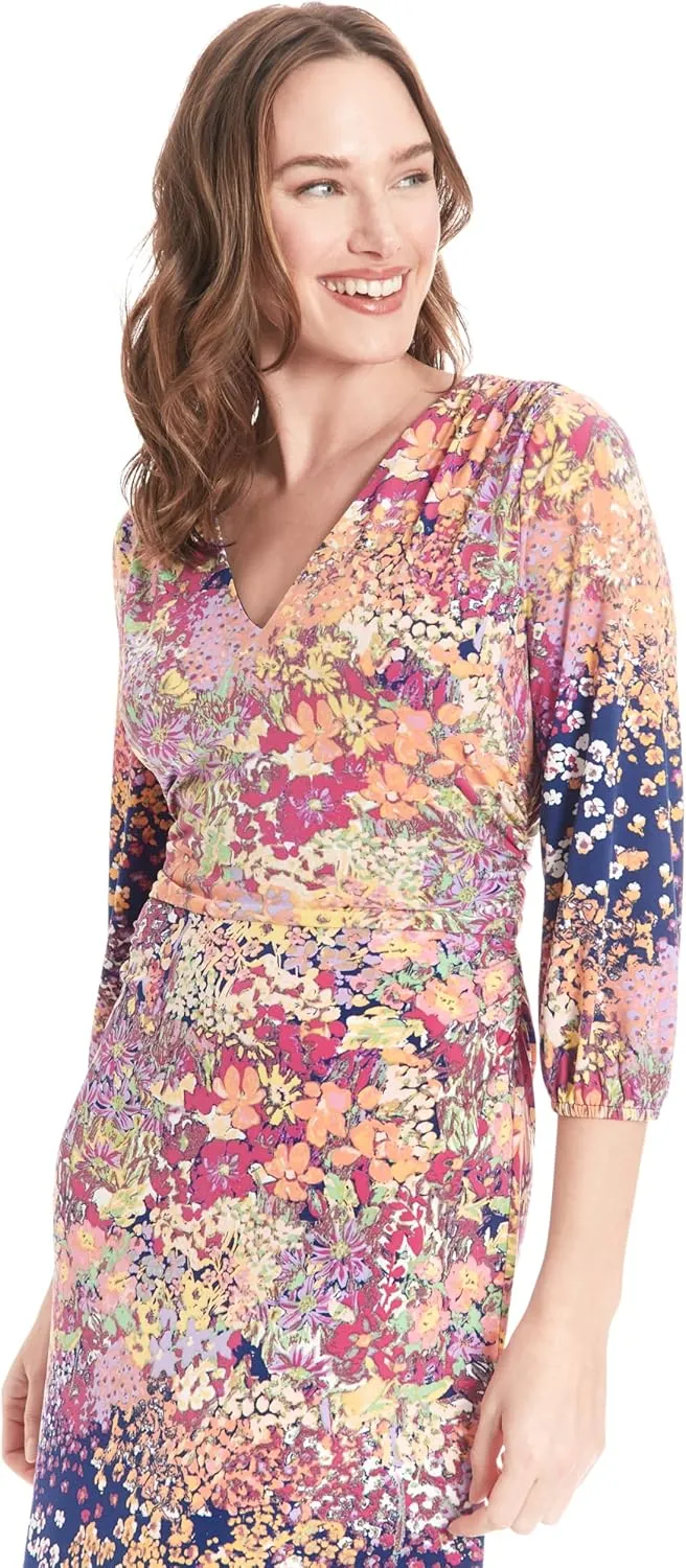 London Times Versatile V-Neck, 3/4 Puff Sleeves, A-line Skirt Dress for Women