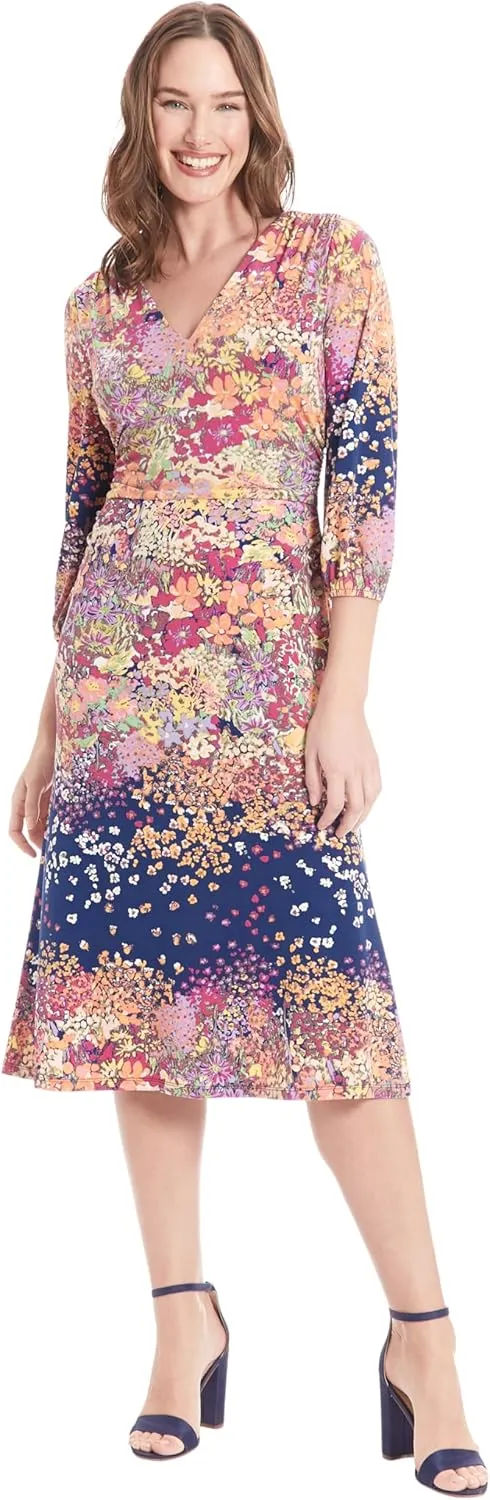 London Times Versatile V-Neck, 3/4 Puff Sleeves, A-line Skirt Dress for Women