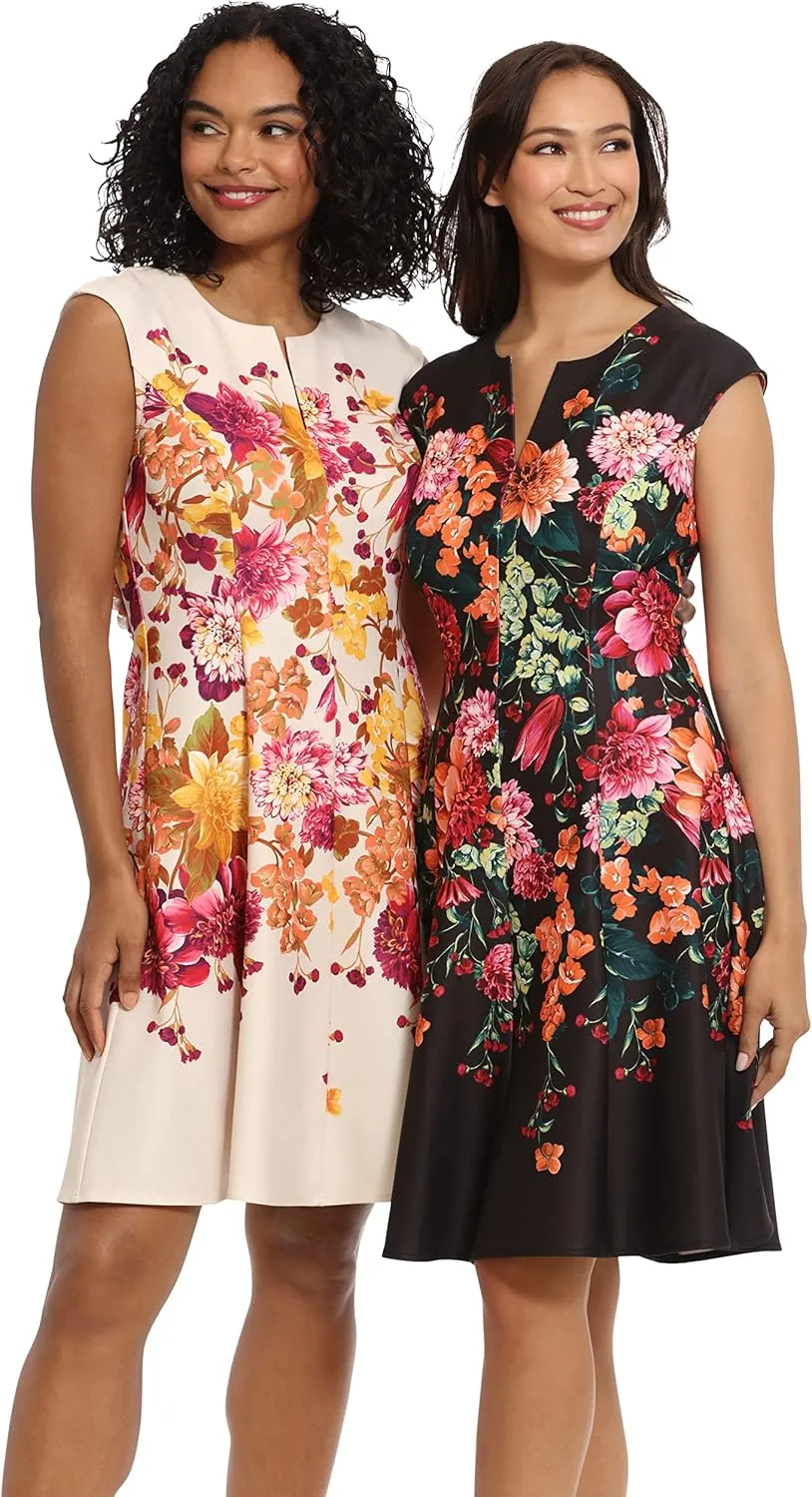 London Times Women's Feminine Floral Split Neck Flattering Fit and Flare Career Guest of Chic Polished