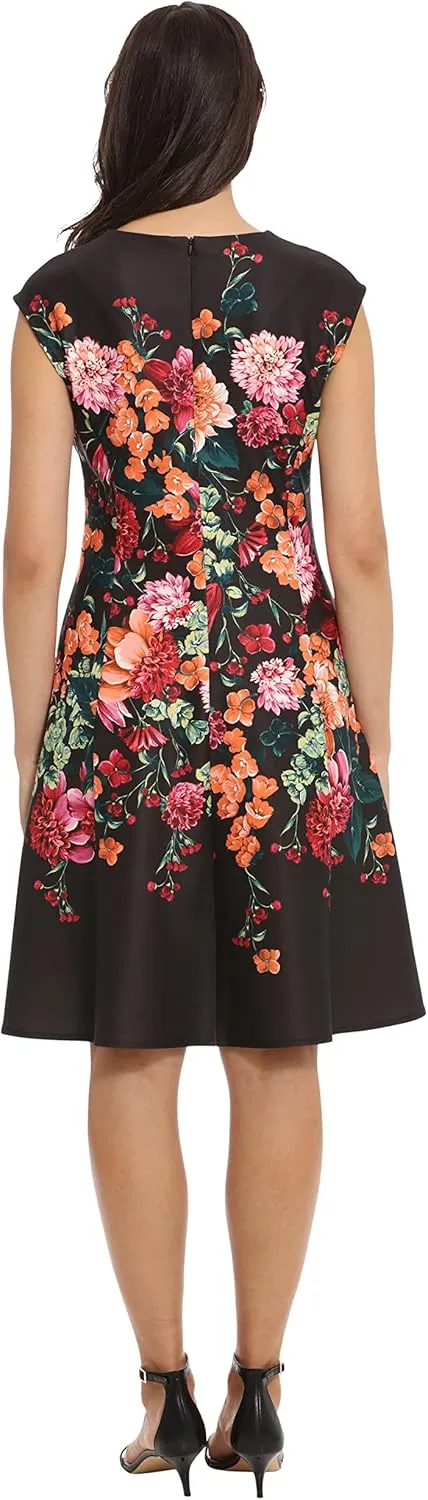 London Times Women's Feminine Floral Split Neck Flattering Fit and Flare Career Guest of Chic Polished