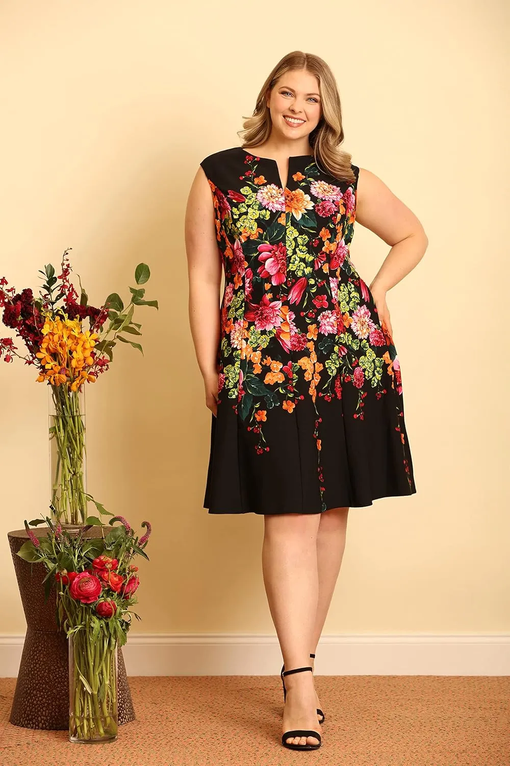 London Times Women's Feminine Floral Split Neck Flattering Fit and Flare Career Guest of Chic Polished