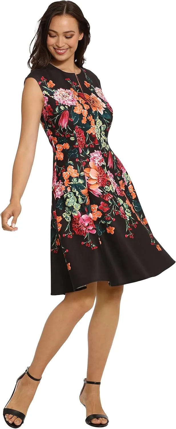 London Times Women's Feminine Floral Split Neck Flattering Fit and Flare Career Guest of Chic Polished