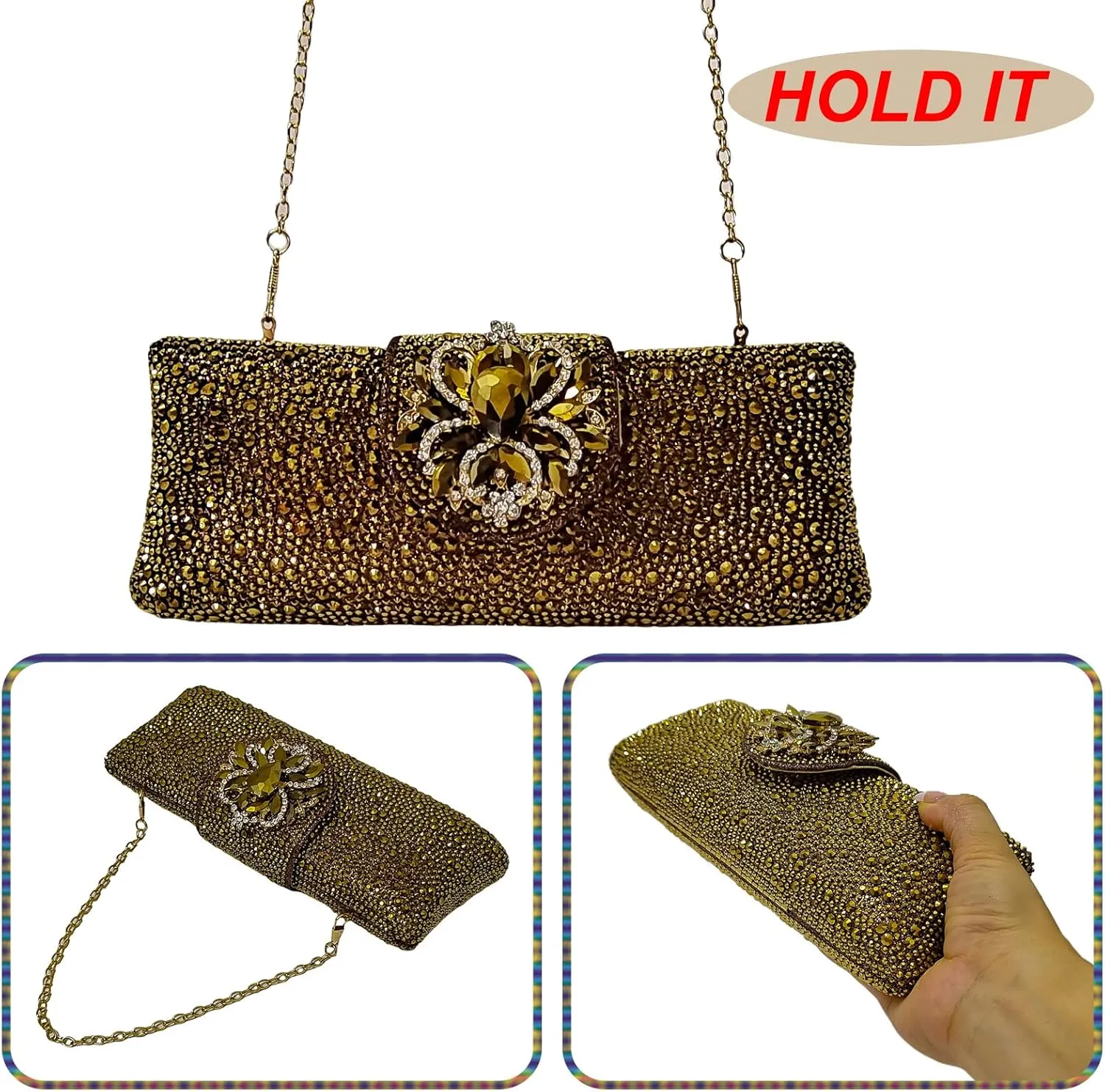 Long Rhinestone Box Evening Bag Women Formal Gathering Party Floral Handbag Clutch Purse Prom Bag