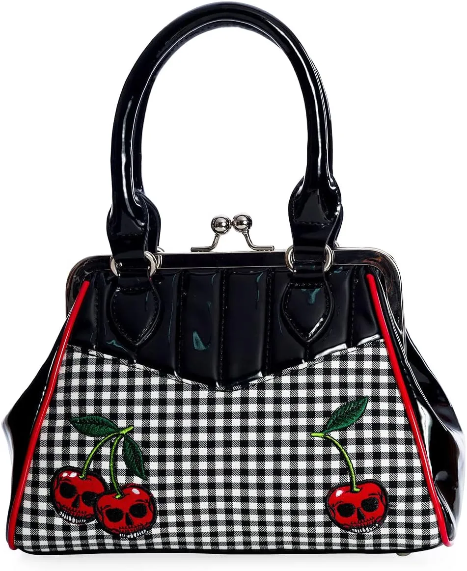 Lost Queen Women's Rockabilly Cherry Skulls Handbag Retro Kisslock Purse
