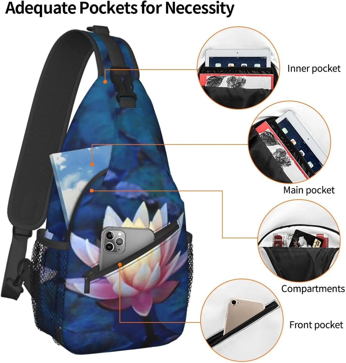 Lotus Flower Sling Bag Crossbody Chest Daypack Casual Backpack Flower Shoulder Bag For Travel Hiking Beach