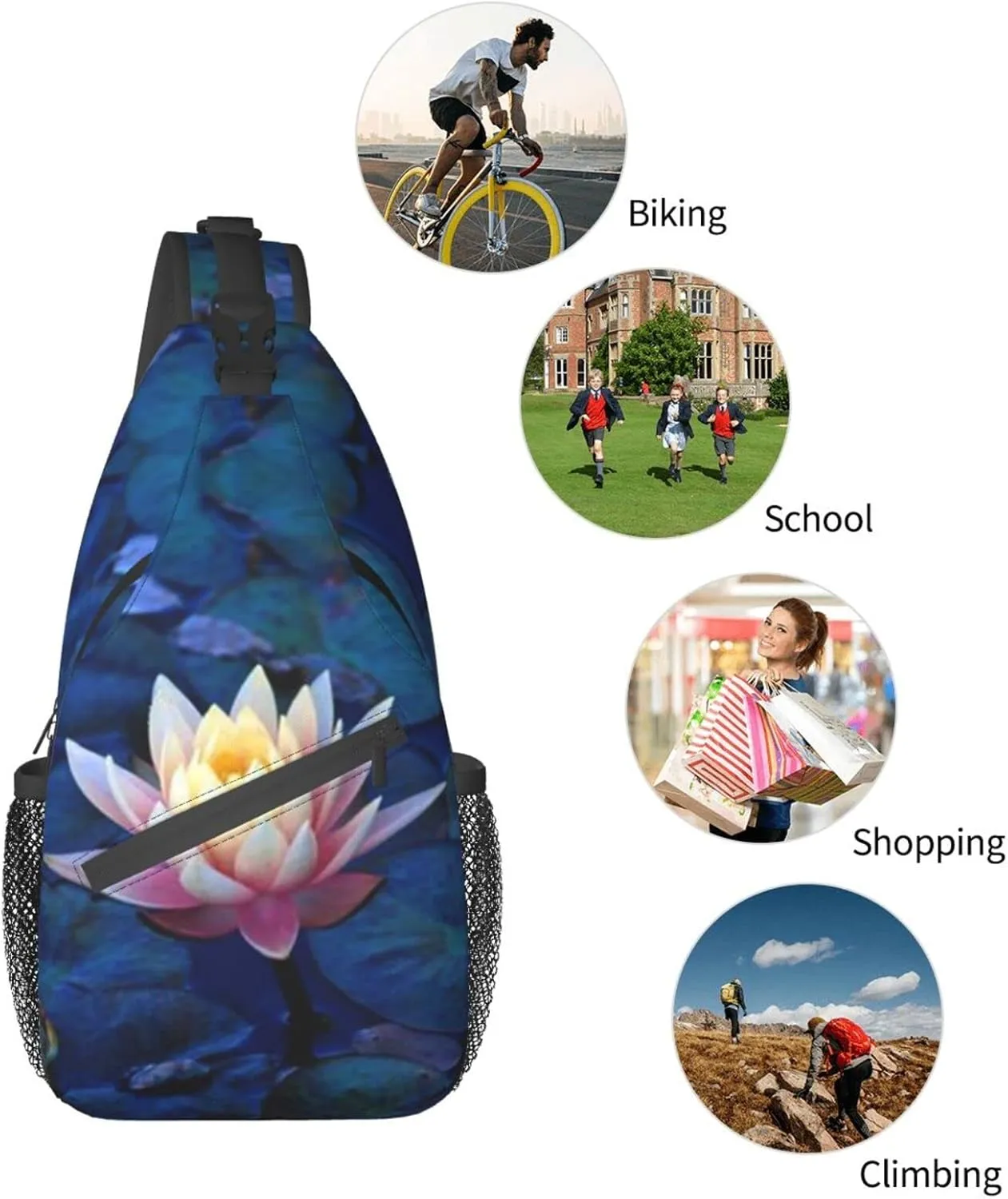 Lotus Flower Sling Bag Crossbody Chest Daypack Casual Backpack Flower Shoulder Bag For Travel Hiking Beach