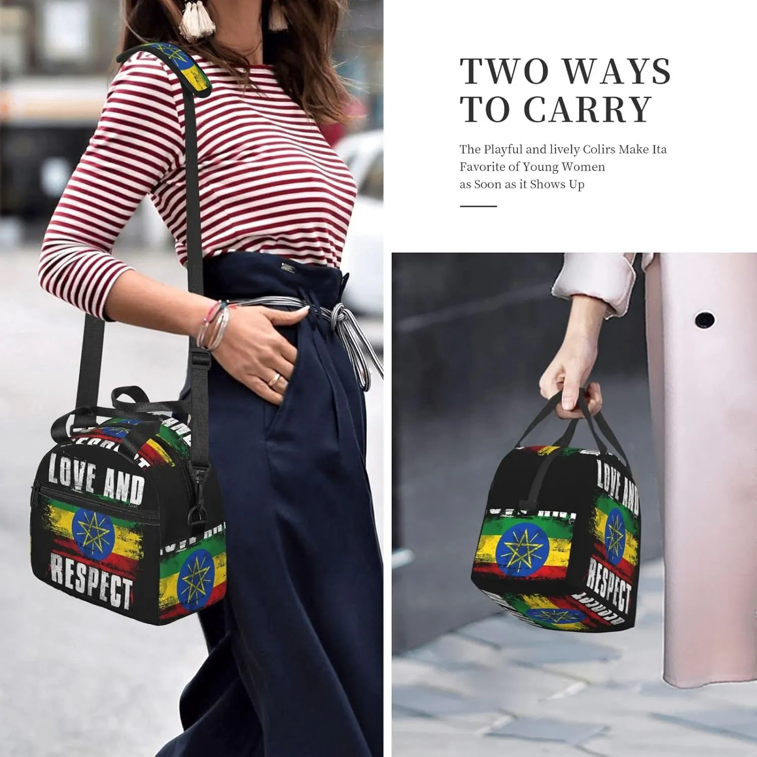 Love and Respect Ethiopia Flag Ethiopian Pride Sling Lunch Bag Portable Lunch Box Reusable Insulated Crossbody Lunchbags Cooler Tote Bag Meal Organizer for Picnic Work Travel