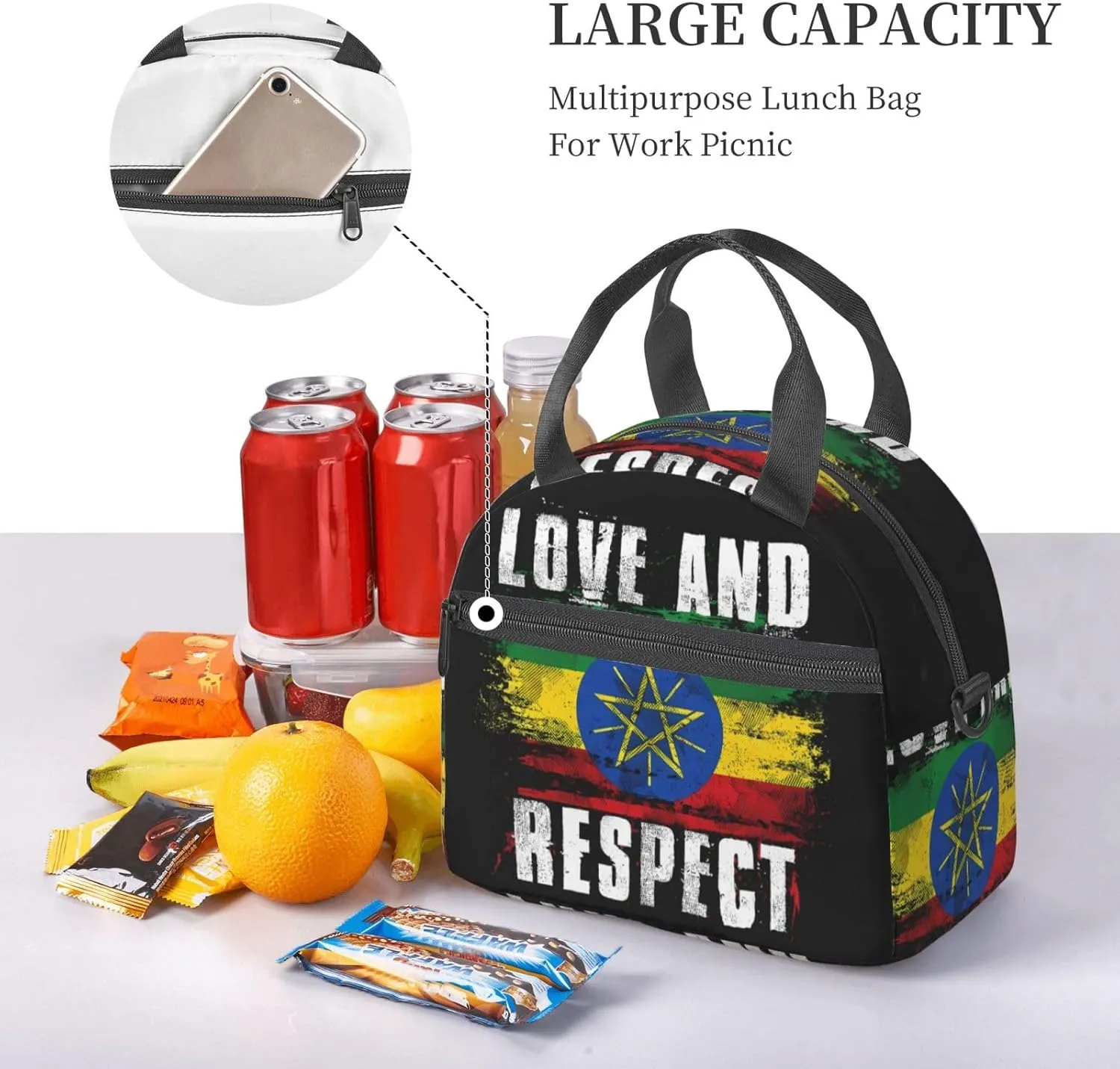 Love and Respect Ethiopia Flag Ethiopian Pride Sling Lunch Bag Portable Lunch Box Reusable Insulated Crossbody Lunchbags Cooler Tote Bag Meal Organizer for Picnic Work Travel