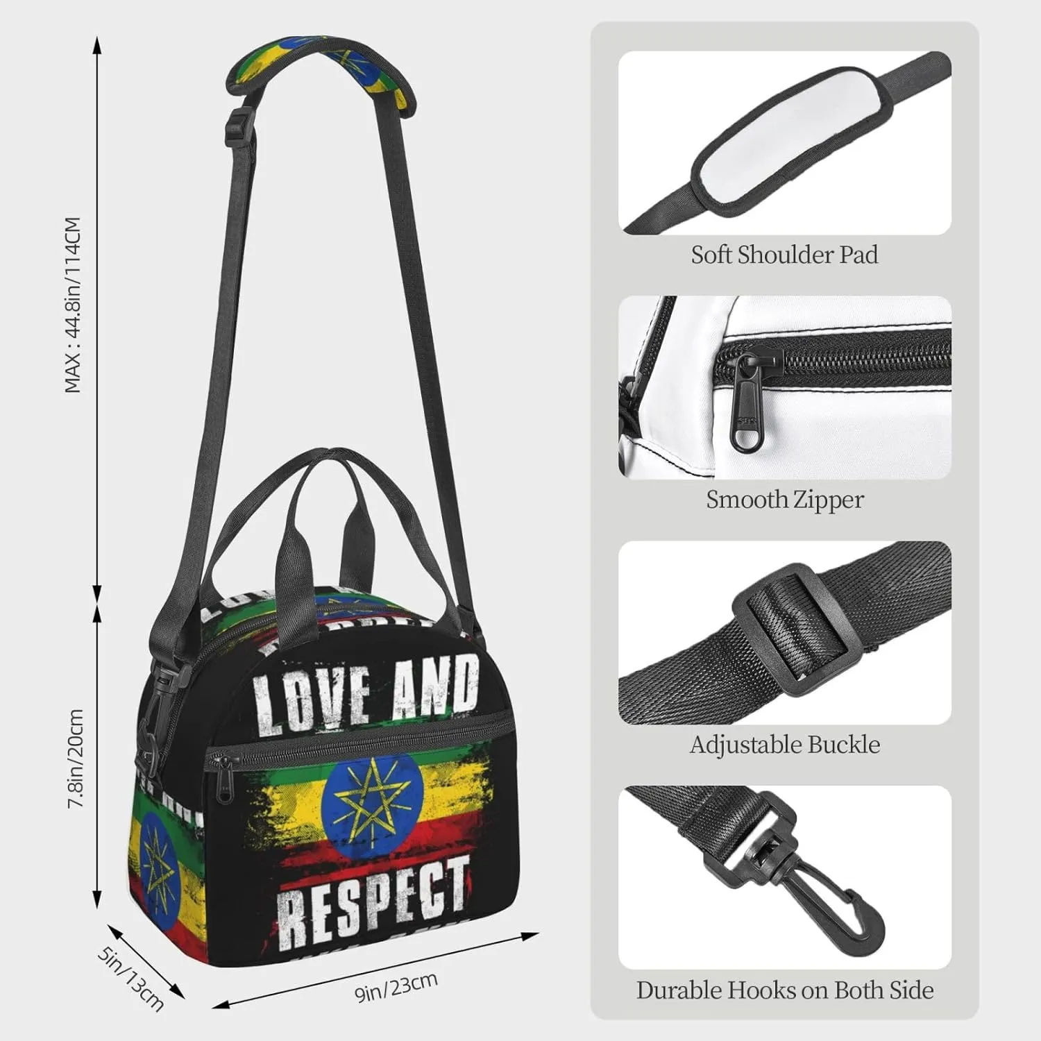 Love and Respect Ethiopia Flag Ethiopian Pride Sling Lunch Bag Portable Lunch Box Reusable Insulated Crossbody Lunchbags Cooler Tote Bag Meal Organizer for Picnic Work Travel
