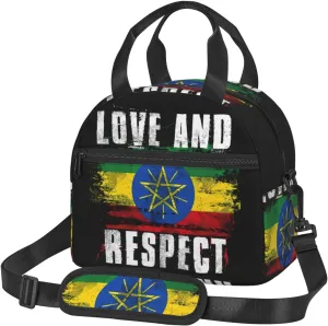 Love and Respect Ethiopia Flag Ethiopian Pride Sling Lunch Bag Portable Lunch Box Reusable Insulated Crossbody Lunchbags Cooler Tote Bag Meal Organizer for Picnic Work Travel