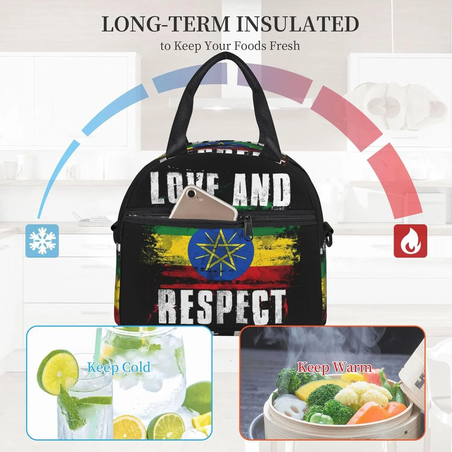 Love and Respect Ethiopia Flag Ethiopian Pride Sling Lunch Bag Portable Lunch Box Reusable Insulated Crossbody Lunchbags Cooler Tote Bag Meal Organizer for Picnic Work Travel