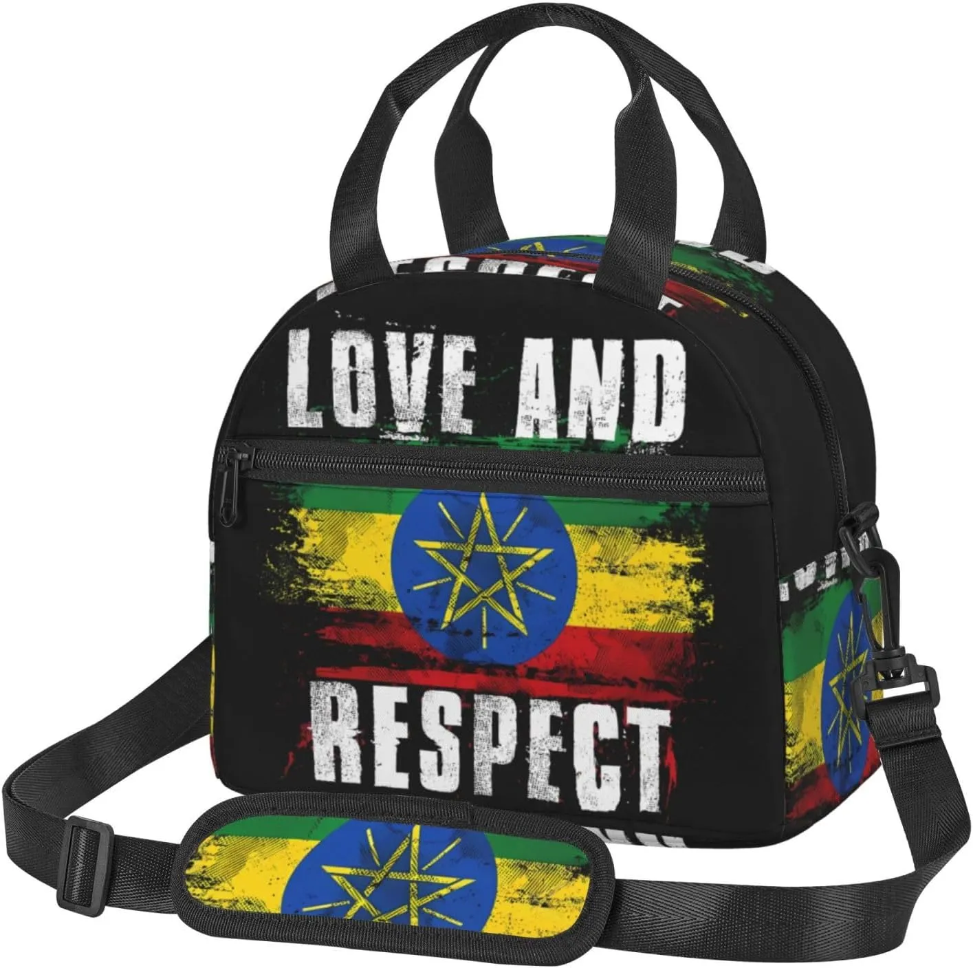 Love and Respect Ethiopia Flag Ethiopian Pride Sling Lunch Bag Portable Lunch Box Reusable Insulated Crossbody Lunchbags Cooler Tote Bag Meal Organizer for Picnic Work Travel