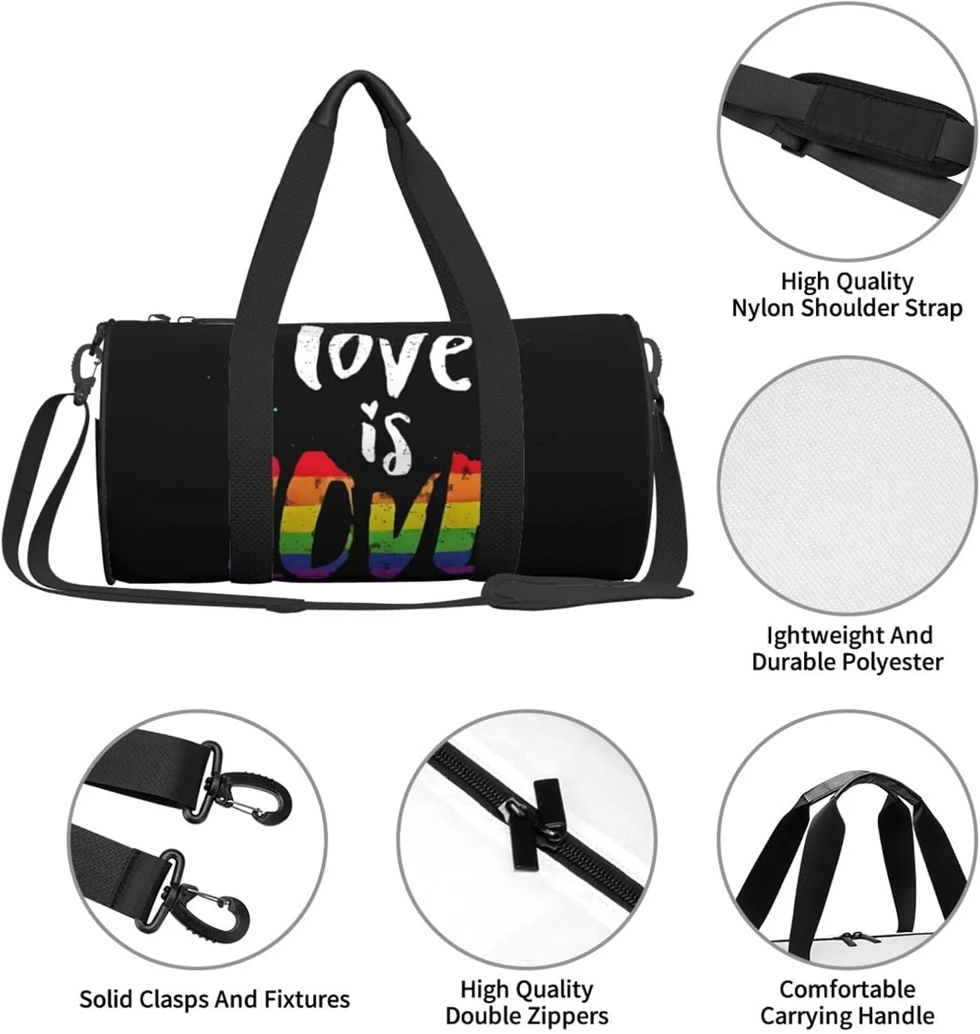 love is love LGBT Pride Rainbow Gay Round Travel Duffel Bag Large Capacity Gym Sports Bags for Hiking Vacation Trips