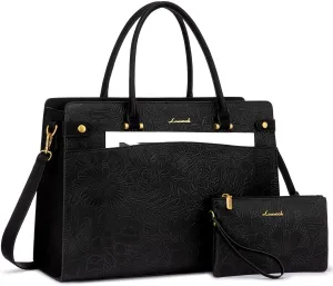 LOVEVOOK Laptop Tote Bag For Women Work, Vintage Leather Computer Bags For Laptops For Women, Waterproof Laptop Bag Business Briefcase Office Large Shoulder Handbag Purse, 15.6 Inch, Black Embossed