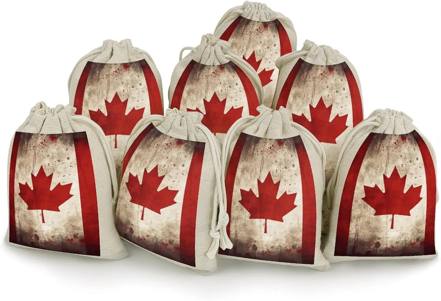 LPSADGF 8 PCS Retro Canada Flag Drawstring Gift Bags Reusable Cotton Linen Storage Pouches for Christmas, Weddings, Parties, Favors 4.9"x6.7" Small Burlap Bags