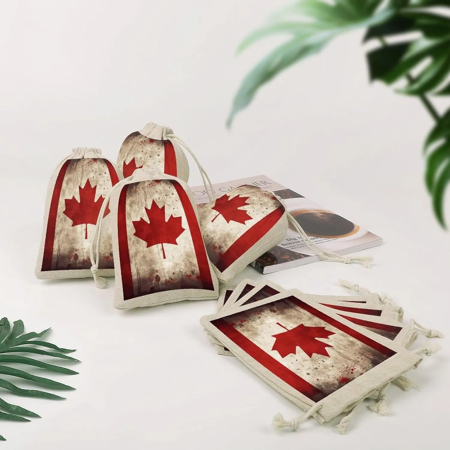 LPSADGF 8 PCS Retro Canada Flag Drawstring Gift Bags Reusable Cotton Linen Storage Pouches for Christmas, Weddings, Parties, Favors 4.9"x6.7" Small Burlap Bags