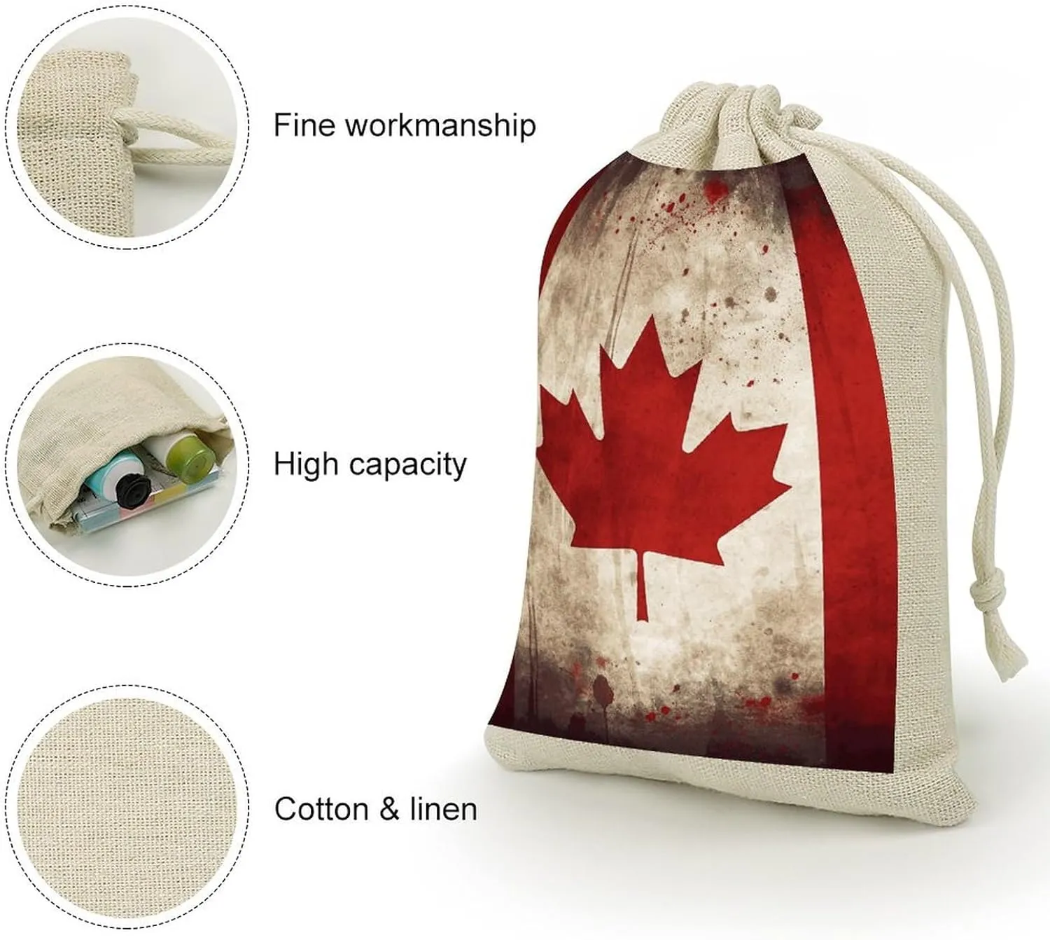 LPSADGF 8 PCS Retro Canada Flag Drawstring Gift Bags Reusable Cotton Linen Storage Pouches for Christmas, Weddings, Parties, Favors 4.9"x6.7" Small Burlap Bags