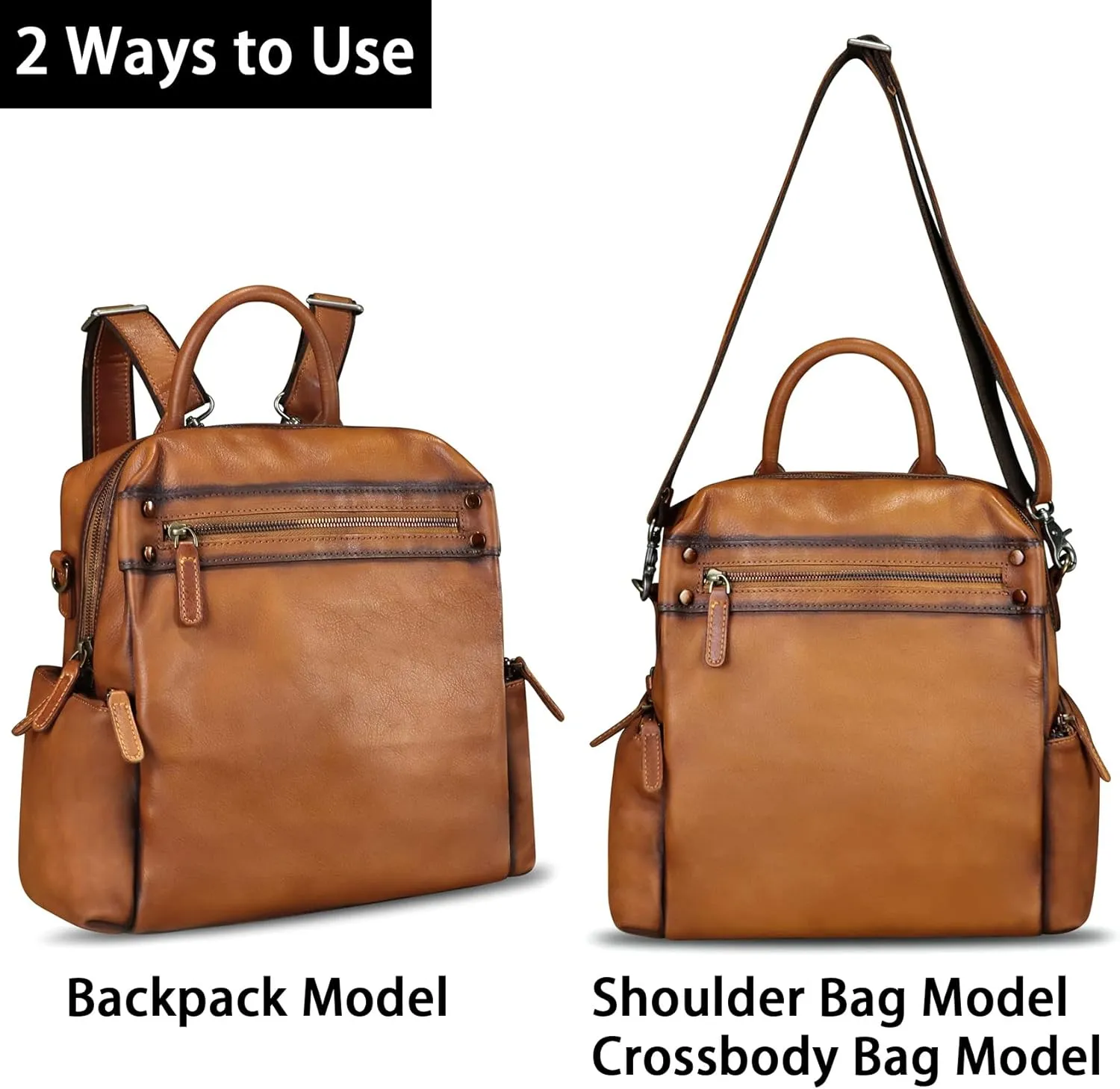 LRTO Genuine Leather Backpack Purse for Women Vintage Casual Daypack Knapsack Handmade Rucksack Convertible Shoulder Bag (Brown) Medium