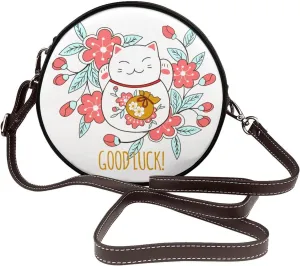 Luck Cat Flower Round Leather Crossbody Bag Small Satchel Purse Fashion Shoulder Bag For Women