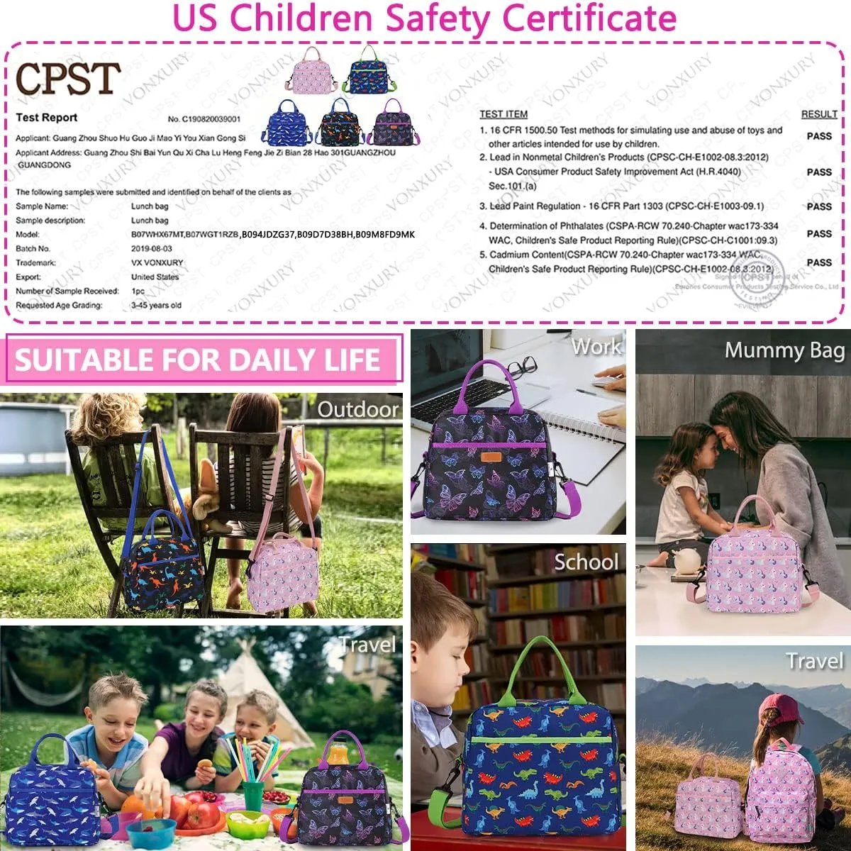 Lunch Bag for Women, Insulated Lunch Box Bag Butterfly Thermal Lunch Tote with Removable Shoulder Strap, VONXURY