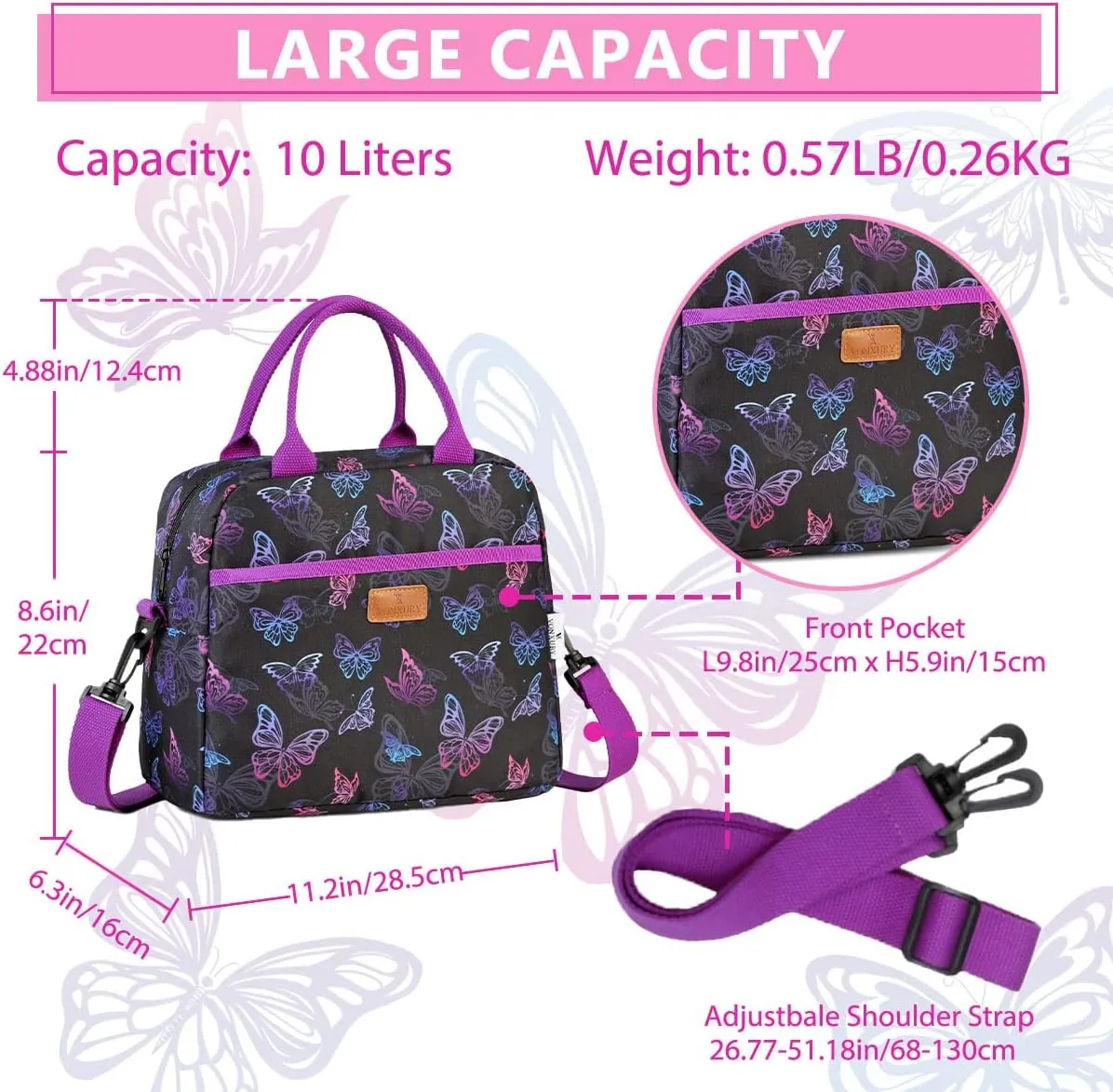 Lunch Bag for Women, Insulated Lunch Box Bag Butterfly Thermal Lunch Tote with Removable Shoulder Strap, VONXURY