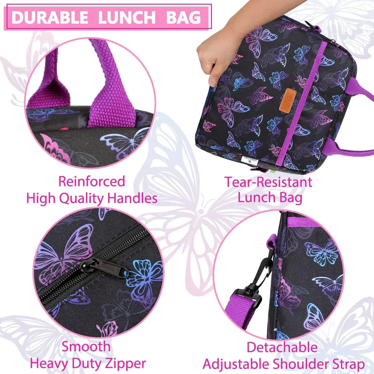 Lunch Bag for Women, Insulated Lunch Box Bag Butterfly Thermal Lunch Tote with Removable Shoulder Strap, VONXURY