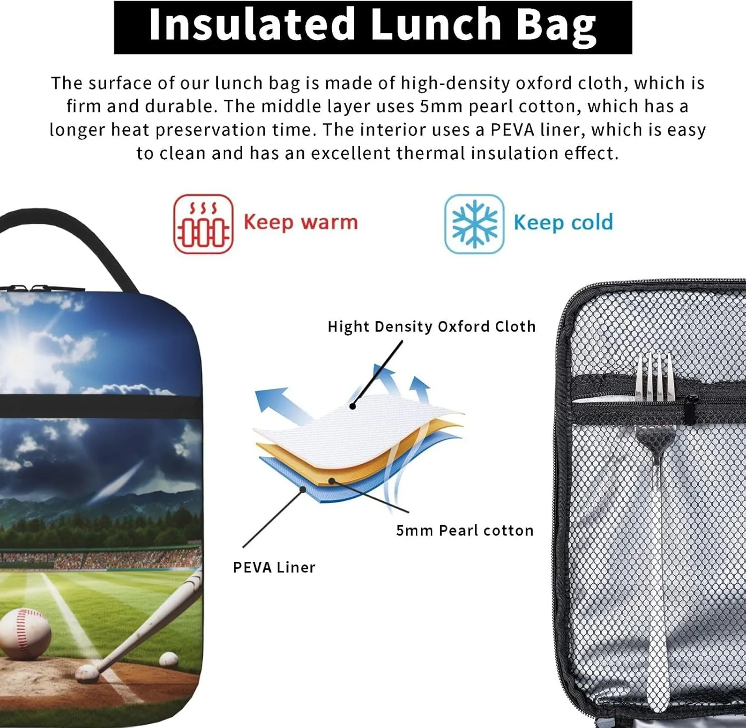 Lunch Bag for Women Men Reusable Insulated Lunch box Baseball Sports Field Cooler Bag Waterproof Lunch Tote Bags