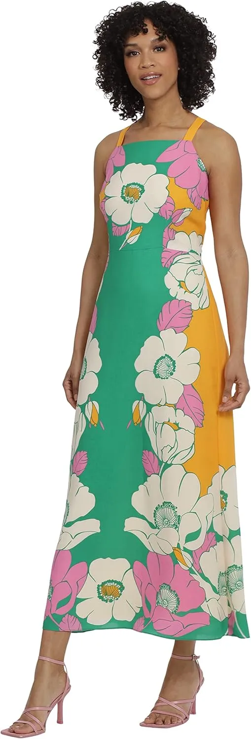 Maggy London Women's Bold Colorful Fun Printed Georgette Maxi Dress