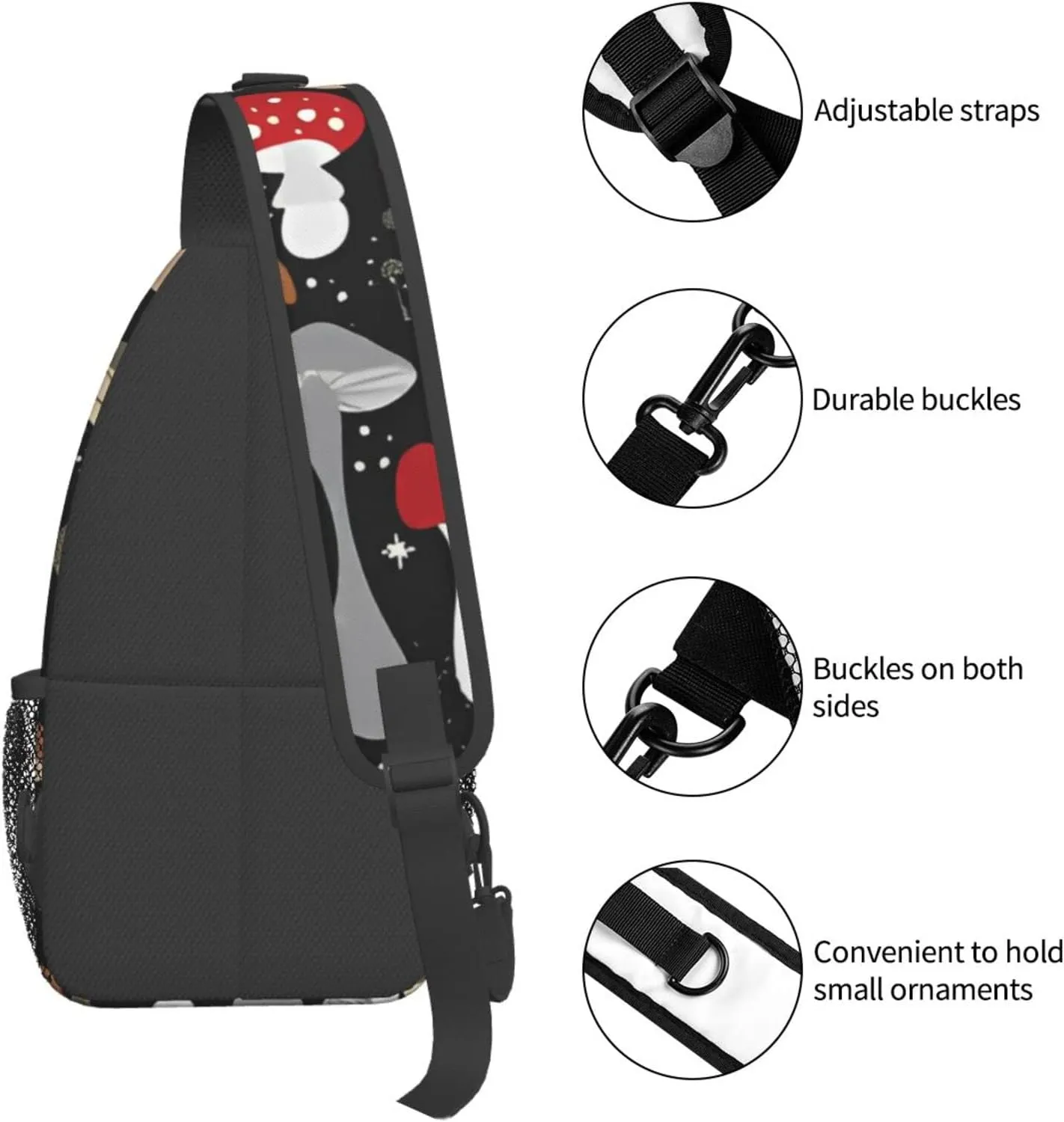 Magic Wild Mushroom Small Sling Bag for Women Men's Crossbody Backpack Hiking Travel Daypack Chest Shoulder Bag with Adjustable Strap