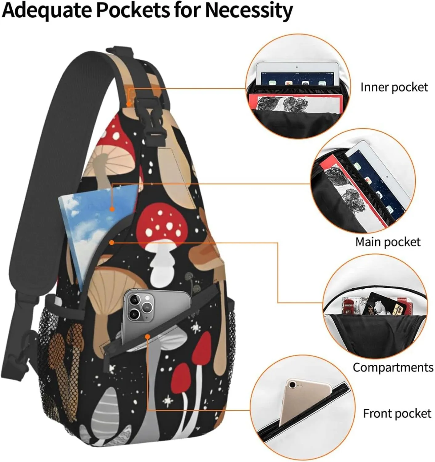 Magic Wild Mushroom Small Sling Bag for Women Men's Crossbody Backpack Hiking Travel Daypack Chest Shoulder Bag with Adjustable Strap