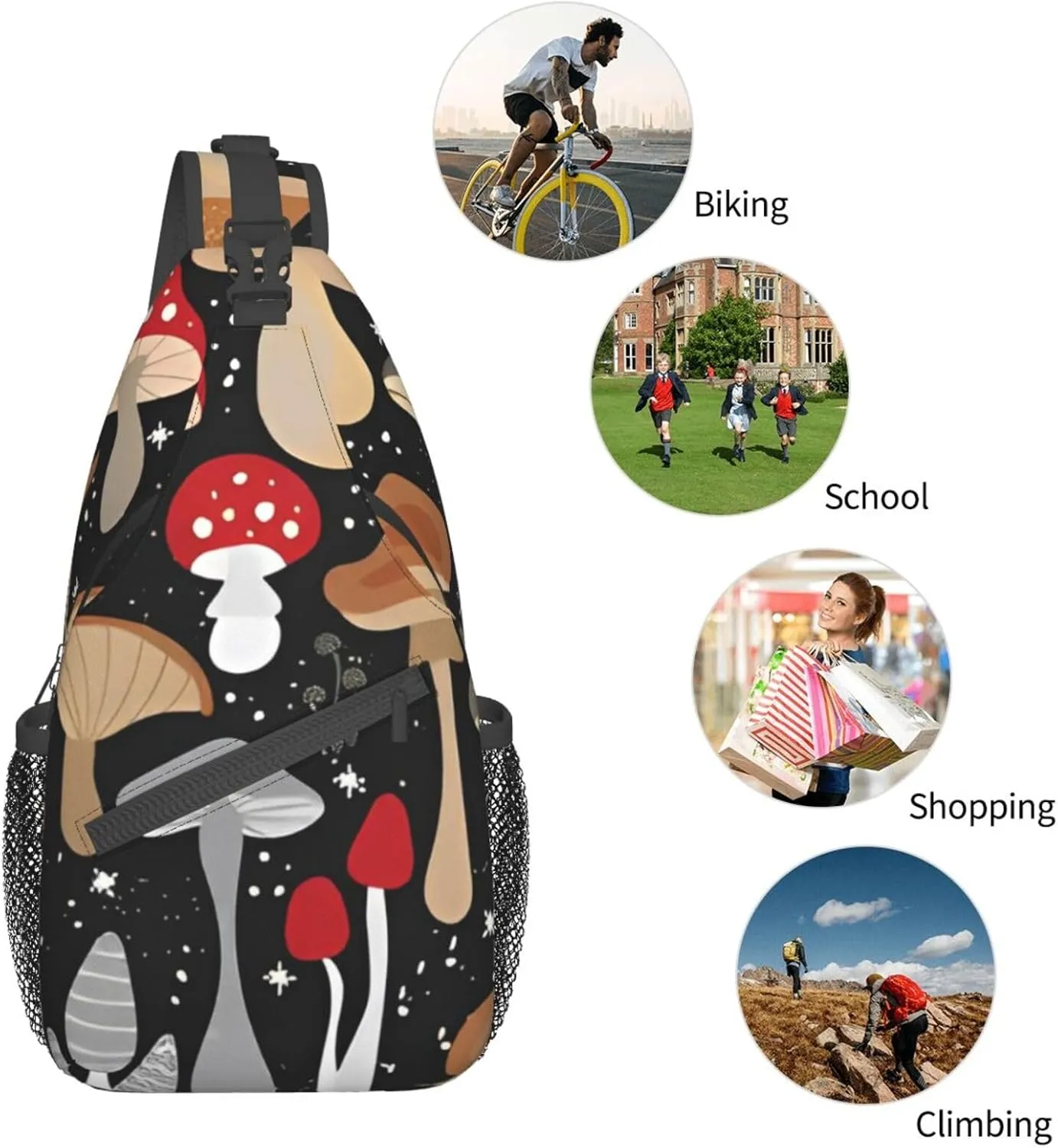 Magic Wild Mushroom Small Sling Bag for Women Men's Crossbody Backpack Hiking Travel Daypack Chest Shoulder Bag with Adjustable Strap