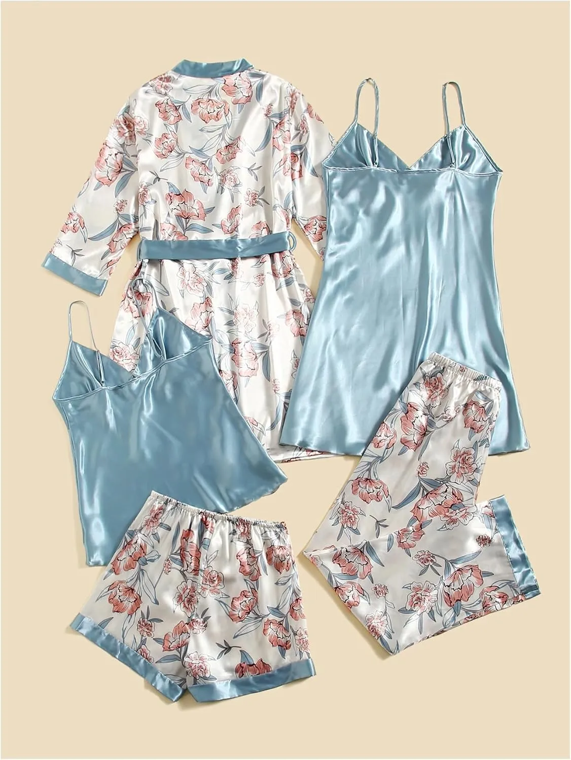 MakeMeChic Women's 5 Piece Satin Pajama Set Silk Floral Cami Robe Nightgown and Pants Shorts Sets Sleepwear