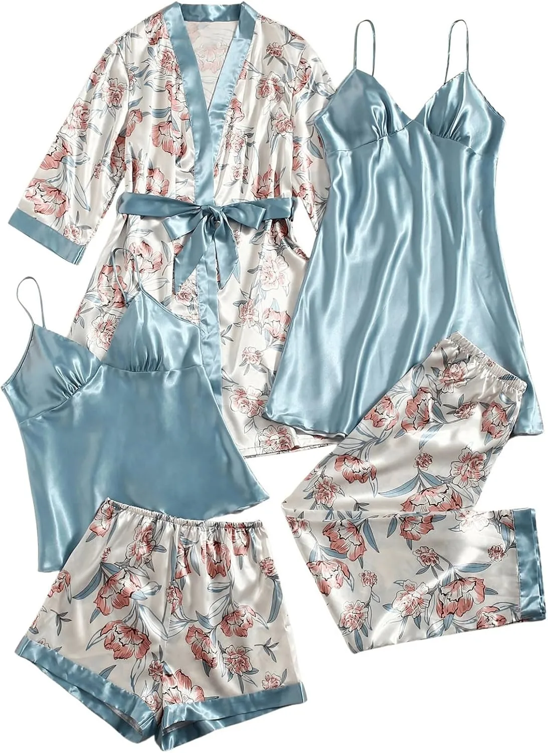 MakeMeChic Women's 5 Piece Satin Pajama Set Silk Floral Cami Robe Nightgown and Pants Shorts Sets Sleepwear