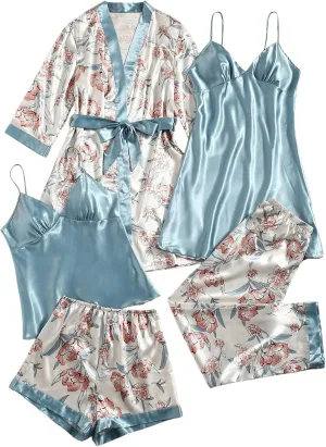 MakeMeChic Women's 5 Piece Satin Pajama Set Silk Floral Cami Robe Nightgown and Pants Shorts Sets Sleepwear
