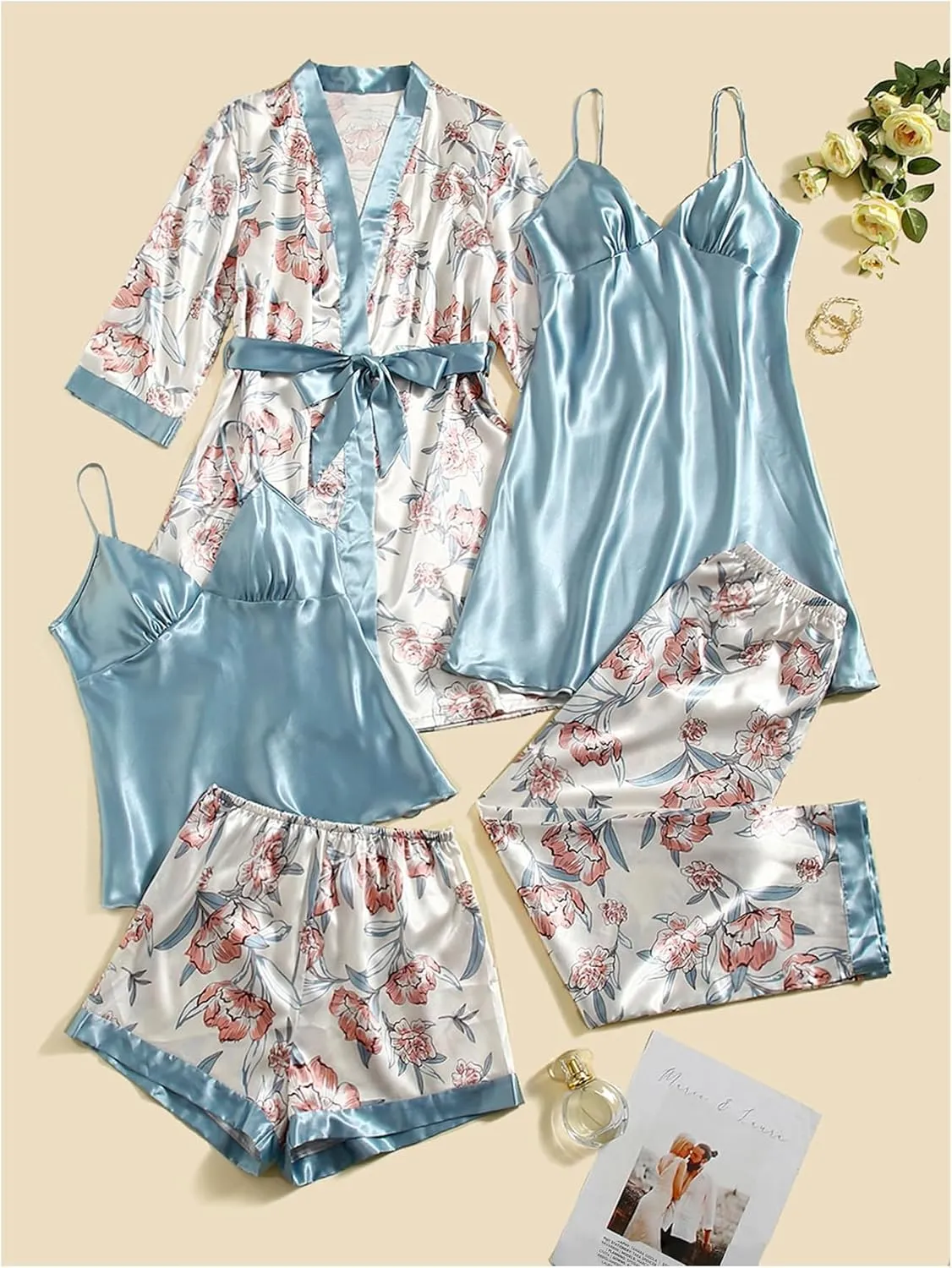 MakeMeChic Women's 5 Piece Satin Pajama Set Silk Floral Cami Robe Nightgown and Pants Shorts Sets Sleepwear