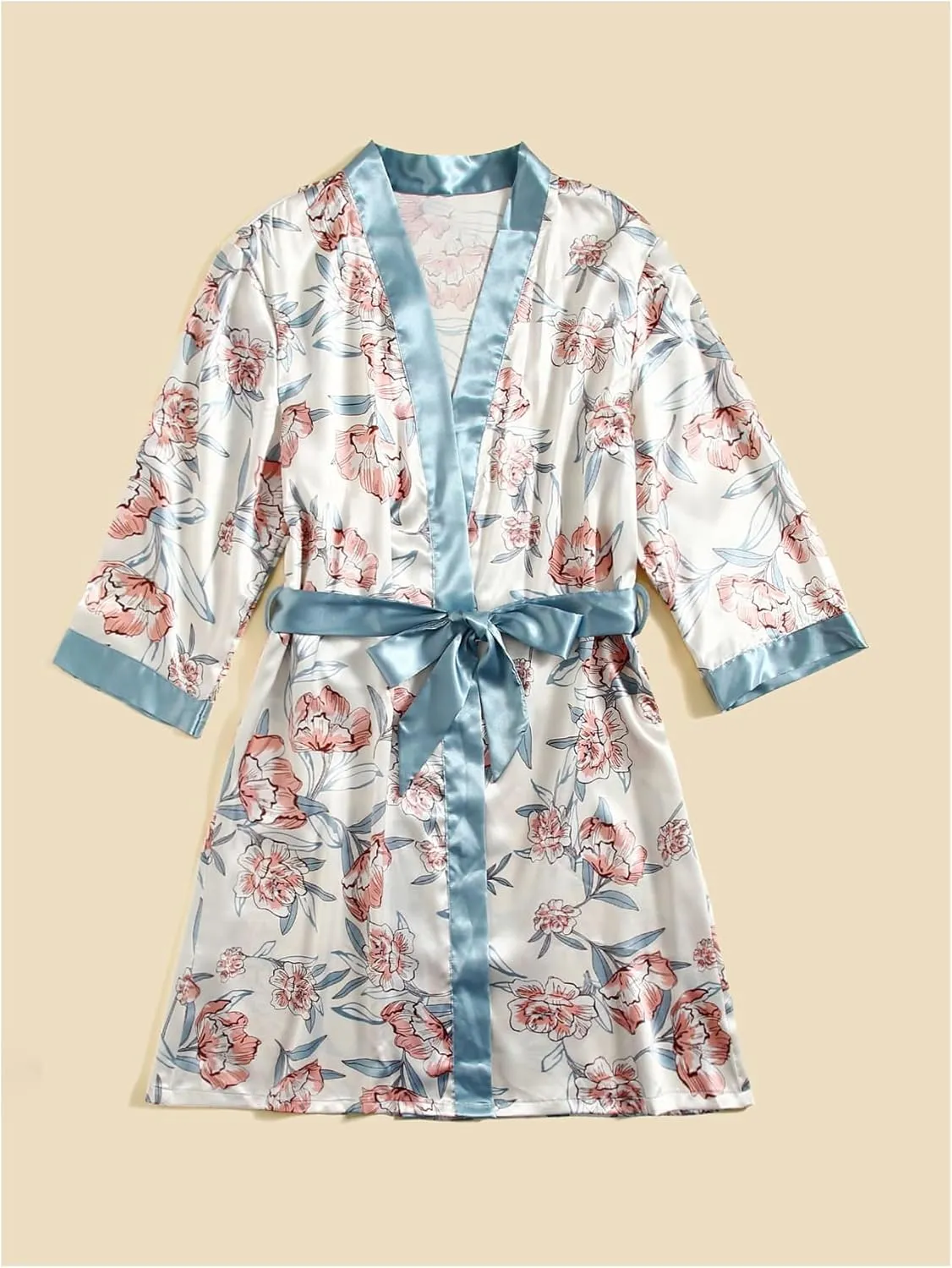 MakeMeChic Women's 5 Piece Satin Pajama Set Silk Floral Cami Robe Nightgown and Pants Shorts Sets Sleepwear