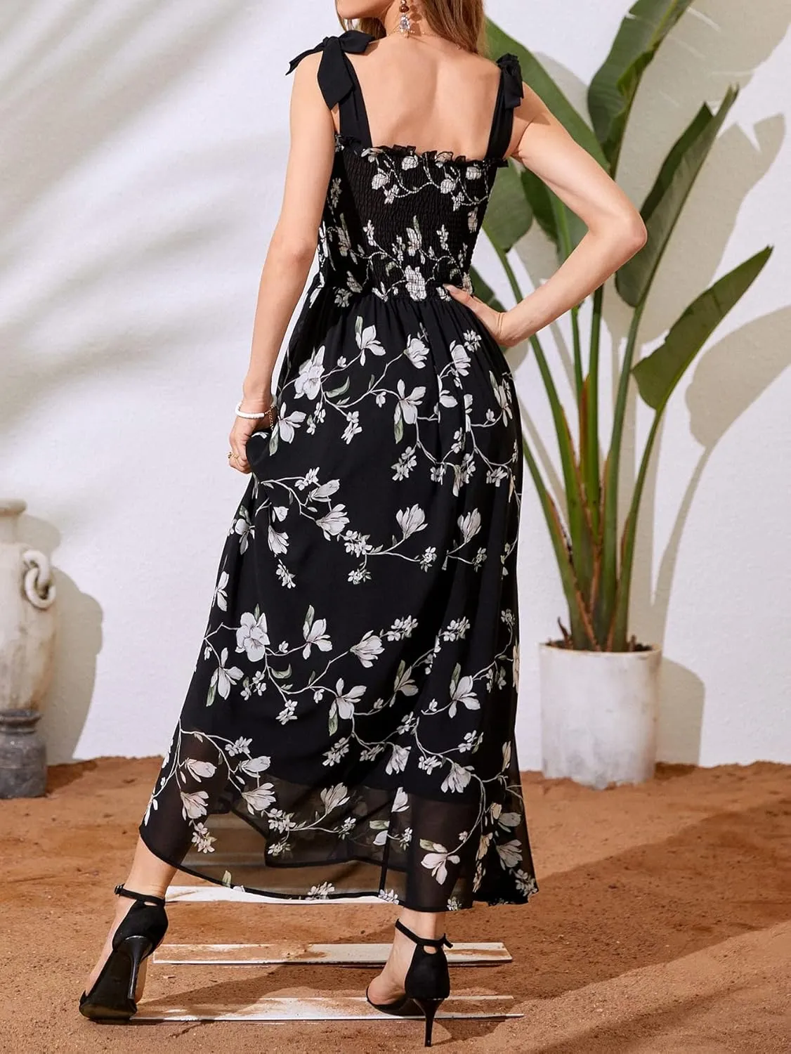 MakeMeChic Women's Summer Floral Dresses 2025 Beach Vacation Casual Blue and White Long Maxi Sundresses
