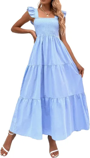 MakeMeChic Women's Summer Floral Dresses 2025 Beach Vacation Casual Blue and White Long Maxi Sundresses