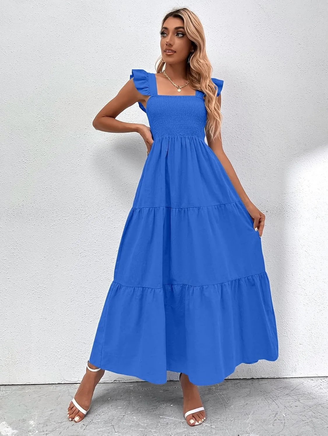 MakeMeChic Women's Summer Floral Dresses 2025 Beach Vacation Casual Blue and White Long Maxi Sundresses