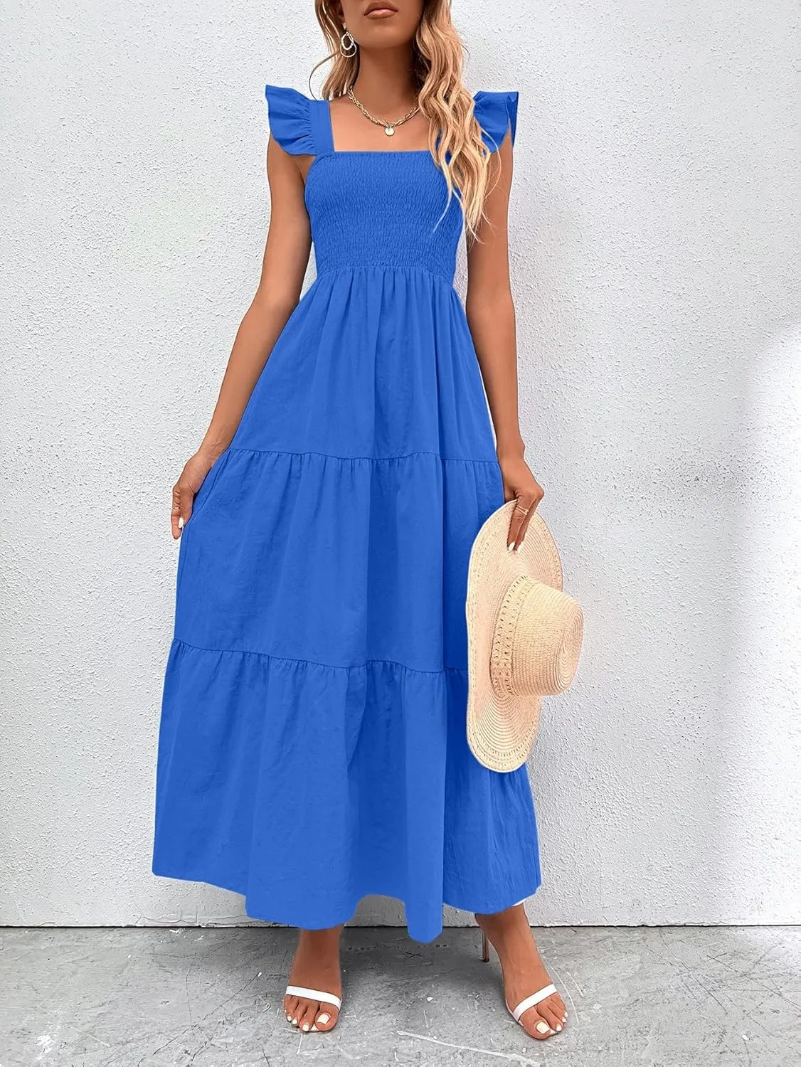 MakeMeChic Women's Summer Floral Dresses 2025 Beach Vacation Casual Blue and White Long Maxi Sundresses