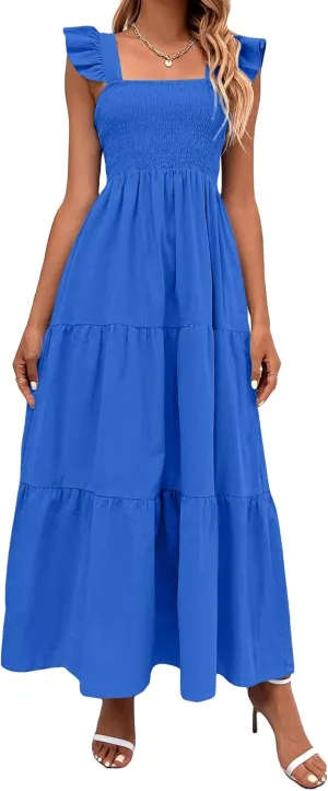 MakeMeChic Women's Summer Floral Dresses 2025 Beach Vacation Casual Blue and White Long Maxi Sundresses