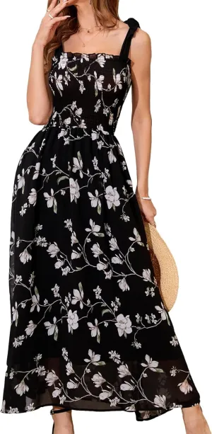 MakeMeChic Women's Summer Floral Dresses 2025 Beach Vacation Casual Blue and White Long Maxi Sundresses