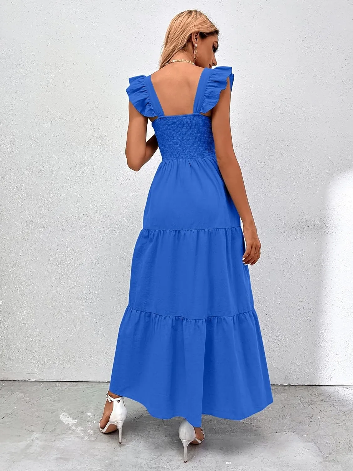 MakeMeChic Women's Summer Floral Dresses 2025 Beach Vacation Casual Blue and White Long Maxi Sundresses