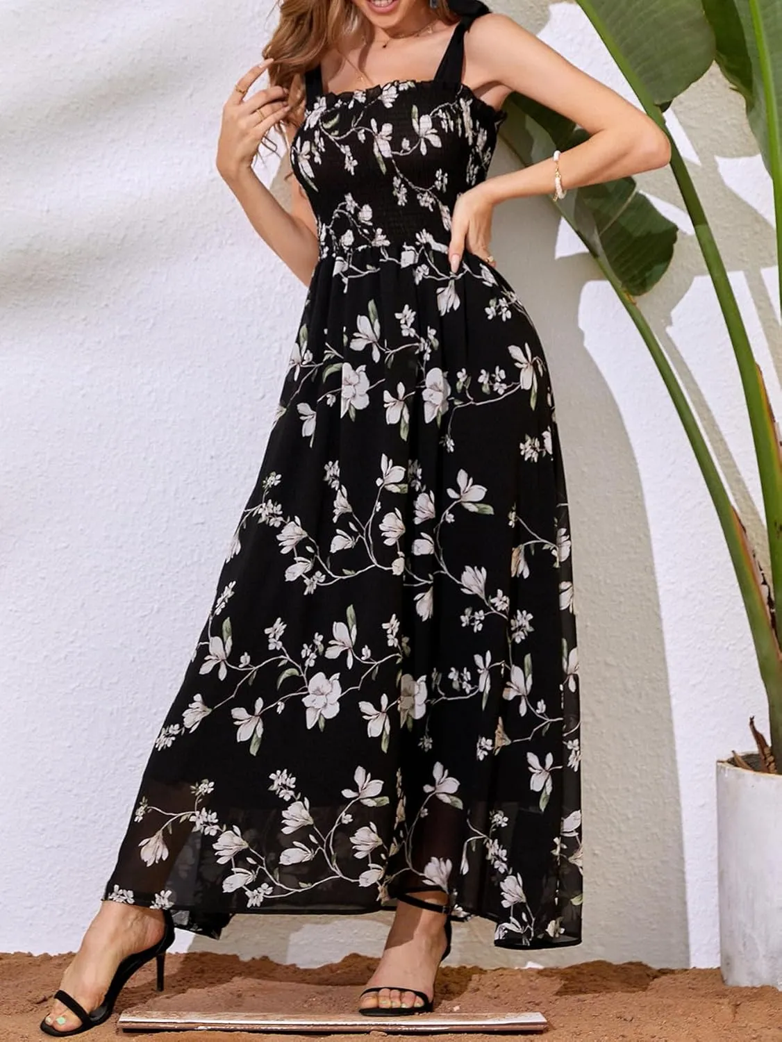 MakeMeChic Women's Summer Floral Dresses 2025 Beach Vacation Casual Blue and White Long Maxi Sundresses