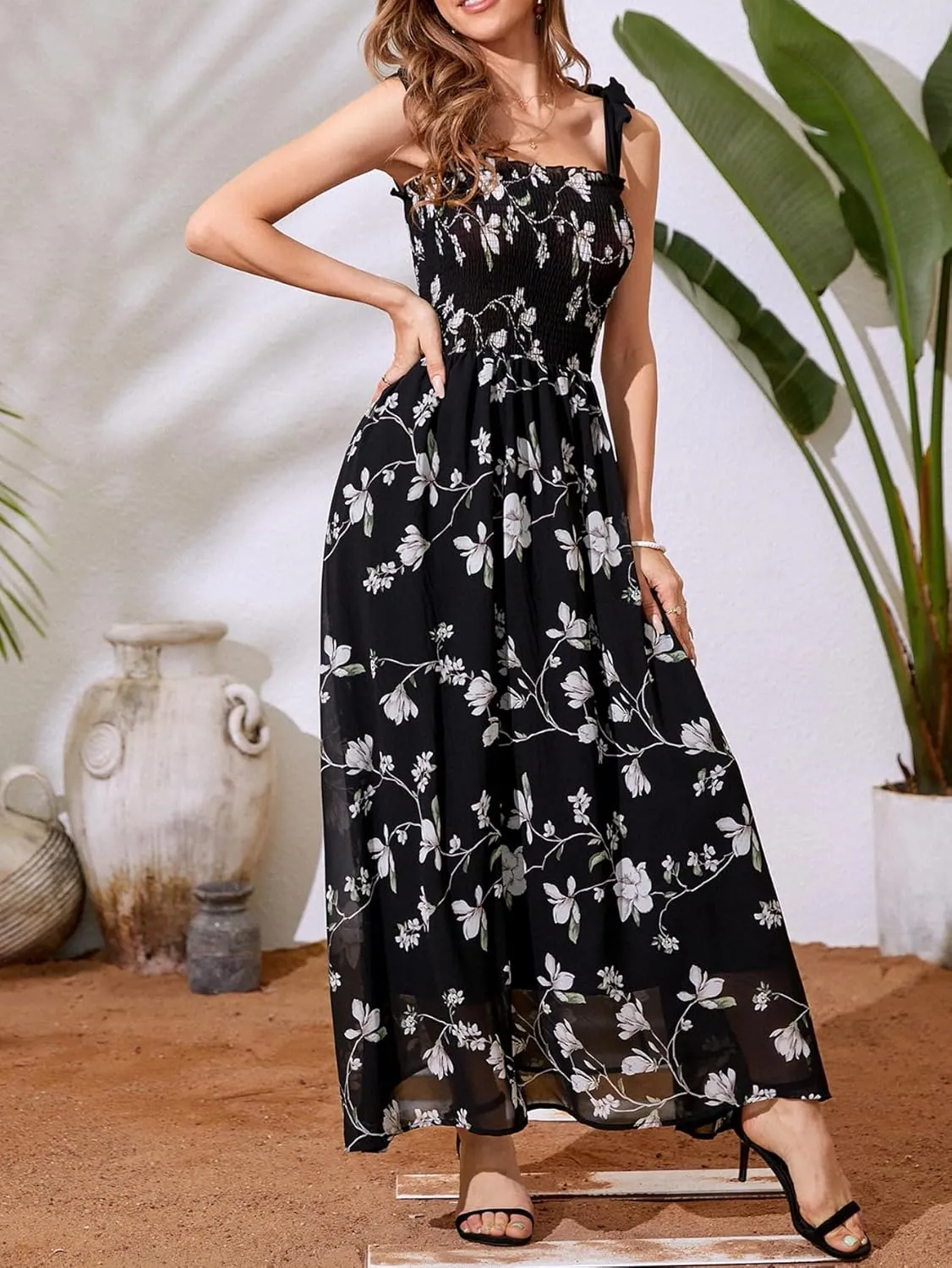 MakeMeChic Women's Summer Floral Dresses 2025 Beach Vacation Casual Blue and White Long Maxi Sundresses