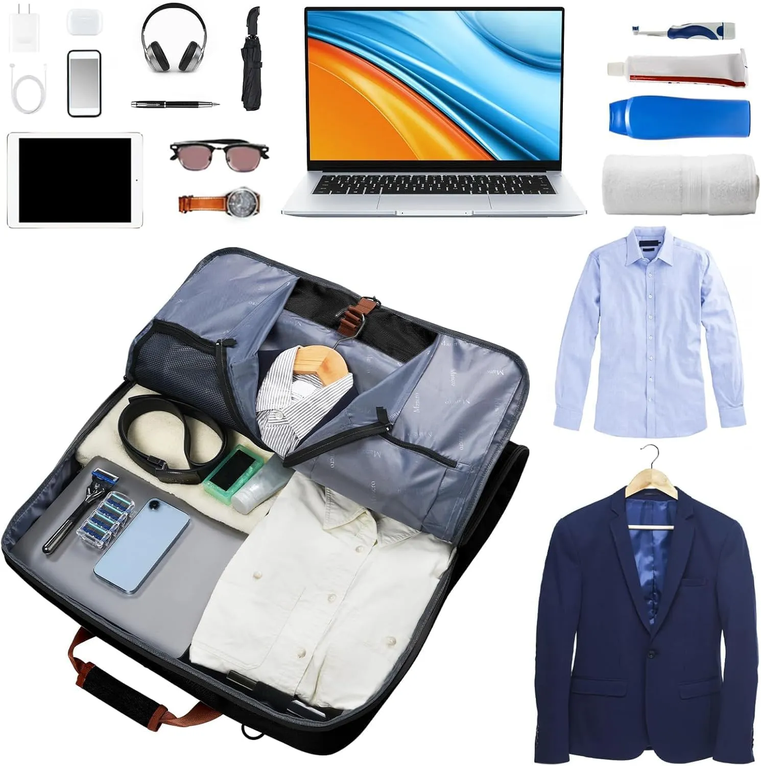 Mancro Carry On Garment Bags for Travel, Garment Convertible Weekender Bag for Wrinkle-Free Travel, Hanging Travel Suit Bags with Shoulder Strap, Waterproof Suitcase Luggage Bag for Men Women, Black