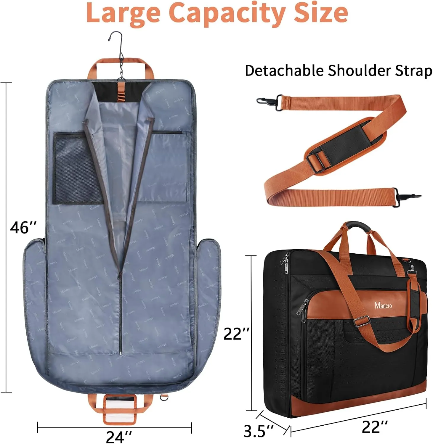 Mancro Carry On Garment Bags for Travel, Garment Convertible Weekender Bag for Wrinkle-Free Travel, Hanging Travel Suit Bags with Shoulder Strap, Waterproof Suitcase Luggage Bag for Men Women, Black
