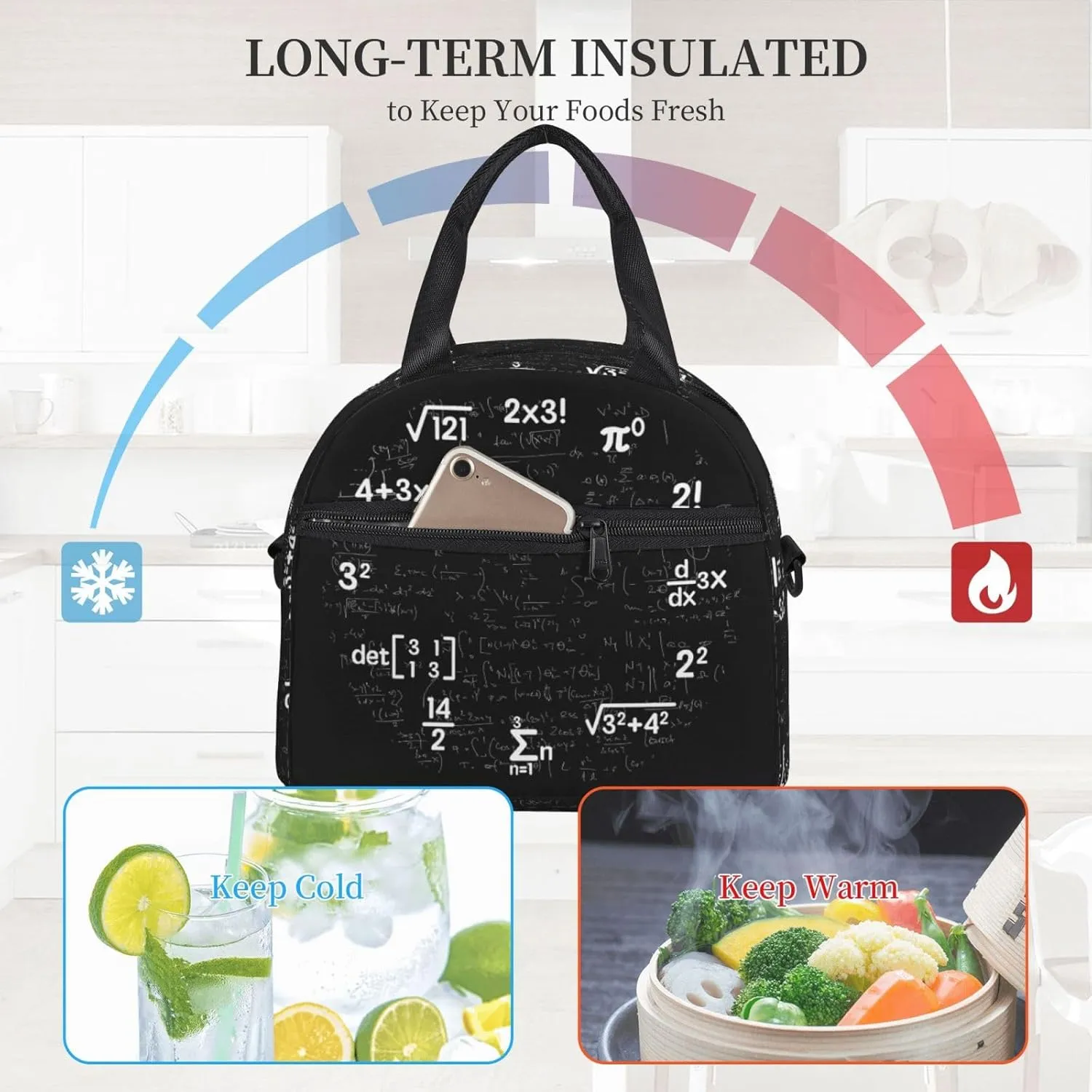 Math Equations Notations Chalkboard Lunch Bag Portable Lunch Box Reusable Sling Lunchbags Insulated Tote Bags Cooler Meal Organizer with Removable Strap for Office Picnic