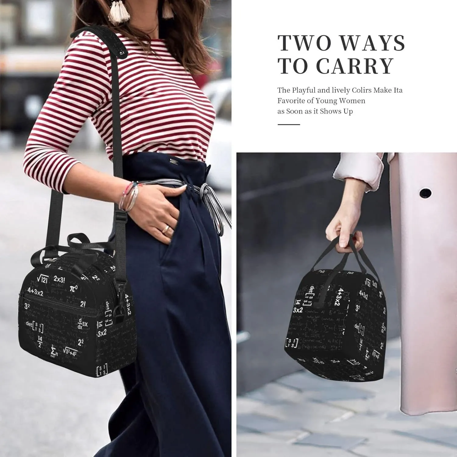Math Equations Notations Chalkboard Lunch Bag Portable Lunch Box Reusable Sling Lunchbags Insulated Tote Bags Cooler Meal Organizer with Removable Strap for Office Picnic