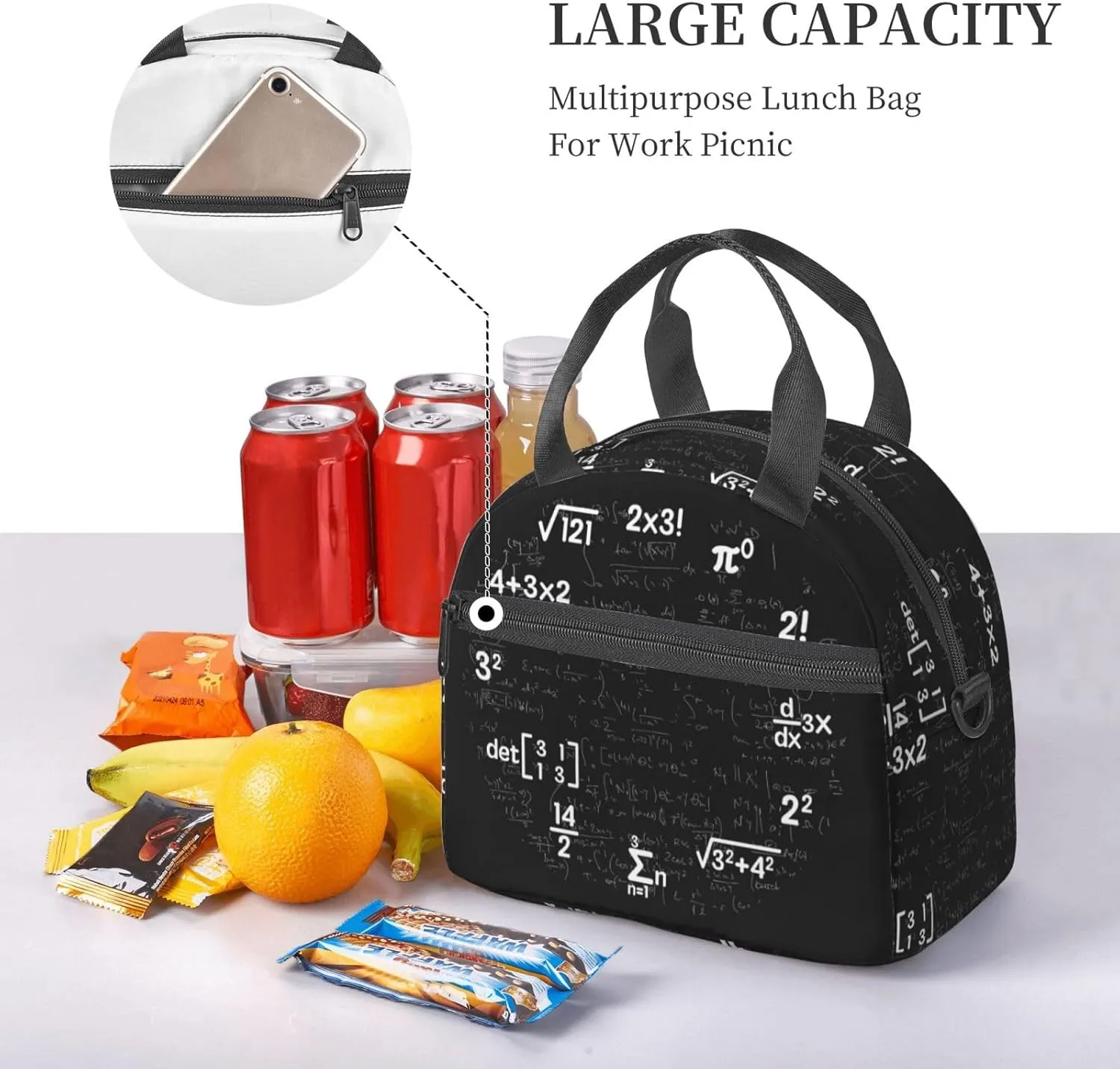 Math Equations Notations Chalkboard Lunch Bag Portable Lunch Box Reusable Sling Lunchbags Insulated Tote Bags Cooler Meal Organizer with Removable Strap for Office Picnic